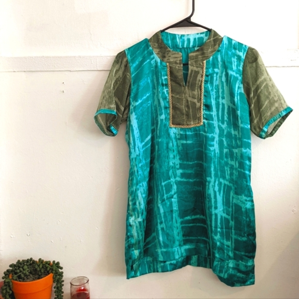 Turquoise V-neck Silky Tunic Top Shirt